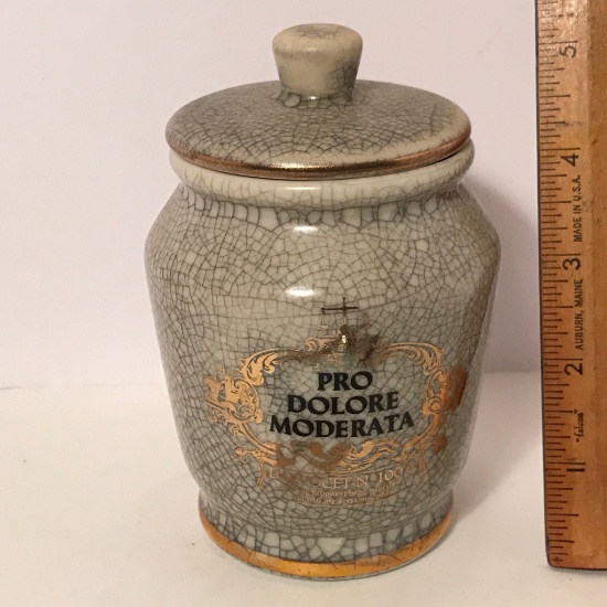 Crazed Pottery Crock w/Lid "Pro Dolore Moderata"