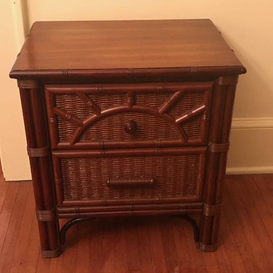 Vintage Bamboo Style Wooden 2 Drawer Side Table w/Wicker Front