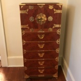 Awesome Chinoiserie Burled Wood Tall chest with Ornate Brass Hardware