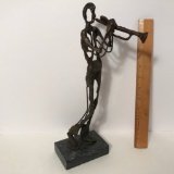 Metal Figure Playing Trumpet on Marble Base