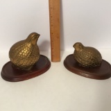 Pair of Vintage Solid Brass Quail on Wooden Bases