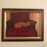 1969 Original Cat Painting in Wood Frame w/Gilt Accent - Signed John L