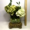 Pretty 2 Pc Square Vase with Ornate Gilt Base,Lime Colored Decorative Rocks & Artificial Arrangement