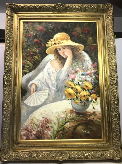 IMPRESSIVE Large Original Oil Painting Woman in Garden Signed Trentino in Ornately Carved Gilt Frame