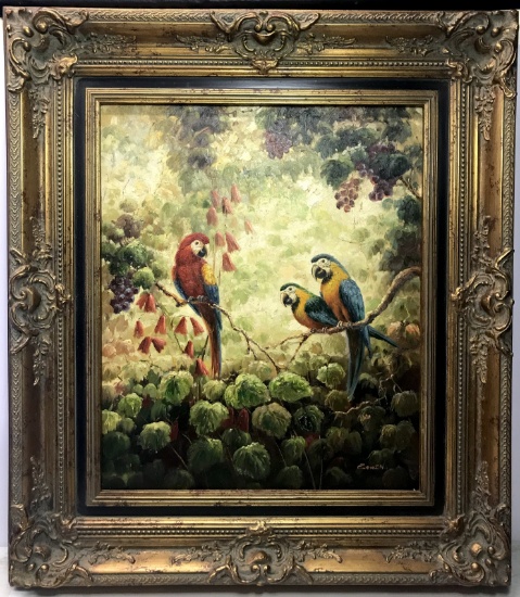 Gorgeous Original Parrots Painting Signed "Zowen" in Heavy Gilt Ornate Frame