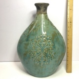 Beautiful Glazed Turquoise Pottery Vase with Ornate Embossed Design