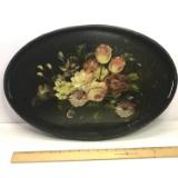 Beautiful Hand Painted Floral Oval Tray with Ornate Relief Carved Edge