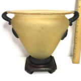 Art Glass Oblong Vase with Wood Base
