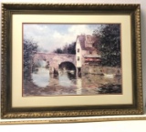 Beautiful Framed & Matted Print of Bridge Over Water in Ornate Gilt Frame