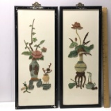 Pair of Framed Asian Relief Art with Carved Stone