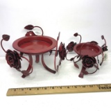 Pair of Red Metal Rose Candle Pedestals