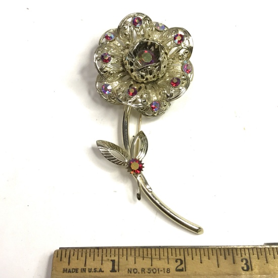 Amazing Signed "Sarah Coventry" Floral Brooch with Aurora Borealis Stones