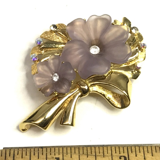 1997 Signed "Trifari" Gold Tone Floral Brooch with Aurora Borealis Stones