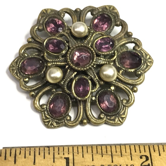 Vintage Brooch with Purple Stones & Faux Pearls