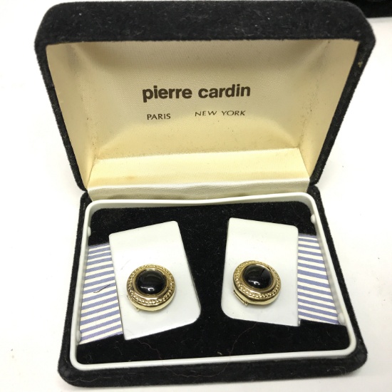 Pair of Pierre Cardin Gold Tone Button Covers with Black Stones in Box