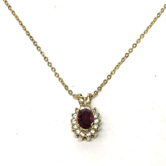 Vintage 14K GE Pendant with Red & Clear Stones on 18" Chain