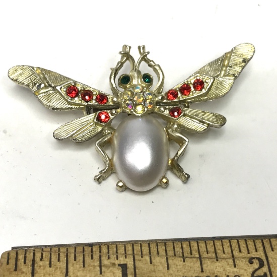 Gold Tone Moth Pink with Multi-Colored Stones