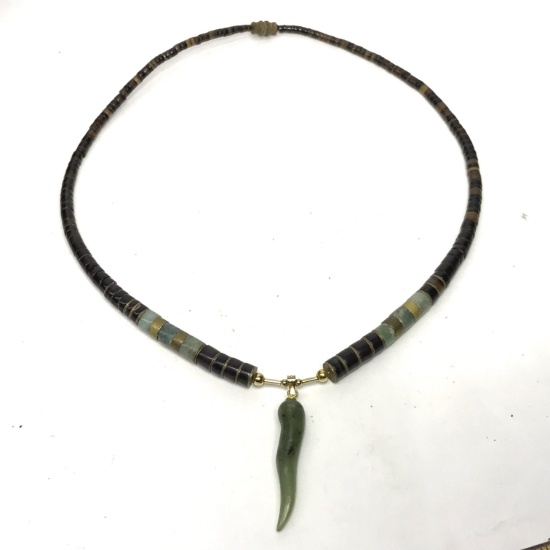 Awesome Natural Stone Beaded Necklace with Jade Italian Horn Pendant