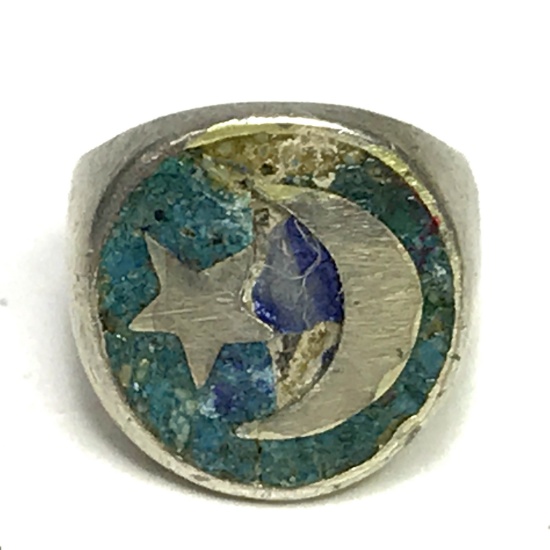 Vintage Chunky Sterling Silver Adjustable Ring with Star & Moon