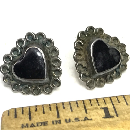 Vintage Sterling Silver Pierced Earrings with Black Onyx Hearts