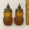 Vintage Pair of Amber Glass Salt & Pepper Shakers w/Brass Tops