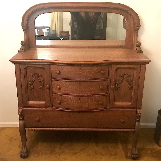 Antique Tiger Oak Buffet w/Hand Carved Lion Heads, Applique, Clawed Feet & Mirror