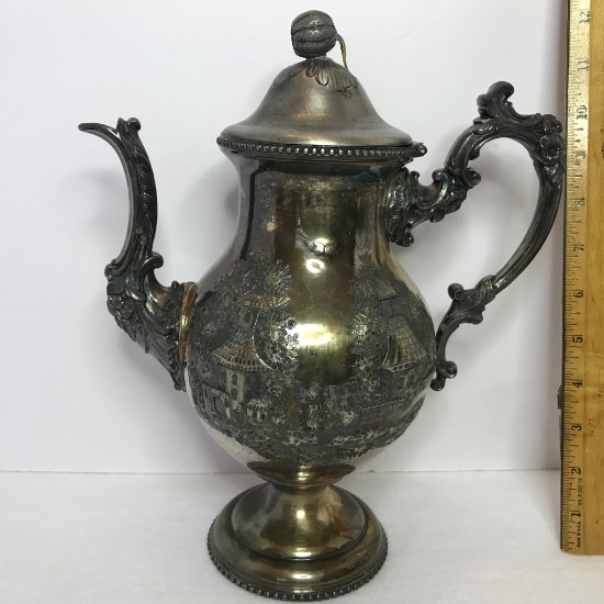 Awesome Vintage Coffee Pot w/Intricate Embossed Village Scene Plated