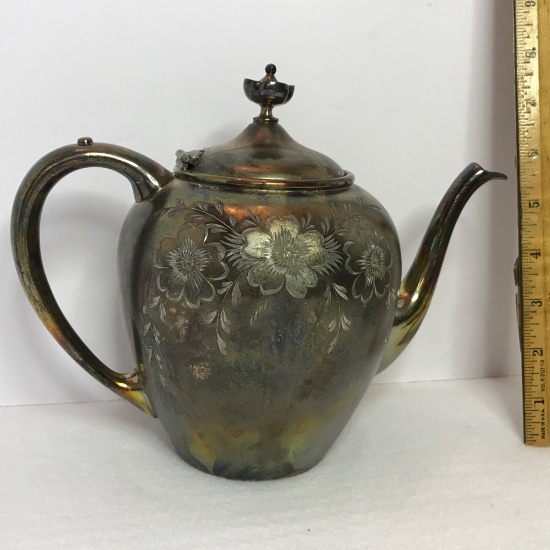Vintage Quadruple Plate Teapot w/Etched Floral Design by James W. Tufts, Boston