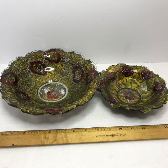 Vintage Reverse Painted Goofus Glass Bowls w/Ruffled Edges