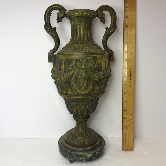 Vintage Heavy Bronze Double Handled Vase/Urn with Marble Base