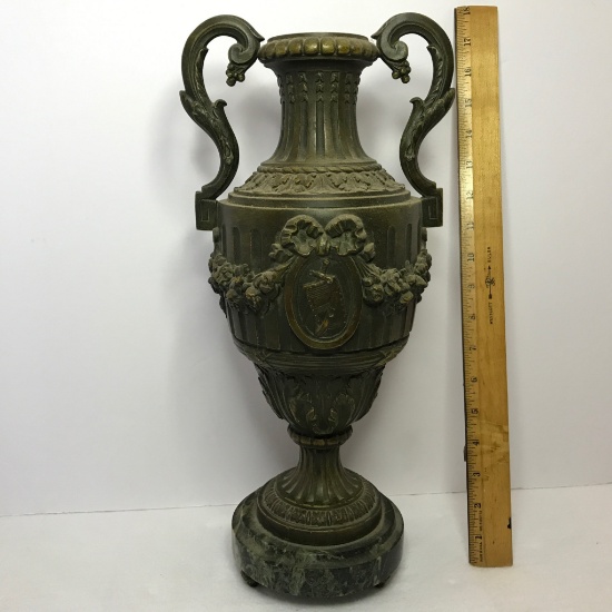 Vintage Heavy Bronze Double Handled Vase/Urn with Marble Base