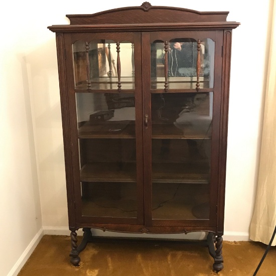 Antique Tiger Oak Glass Display Cabinet w/Turned Legs, Stretcher Base & Mirror