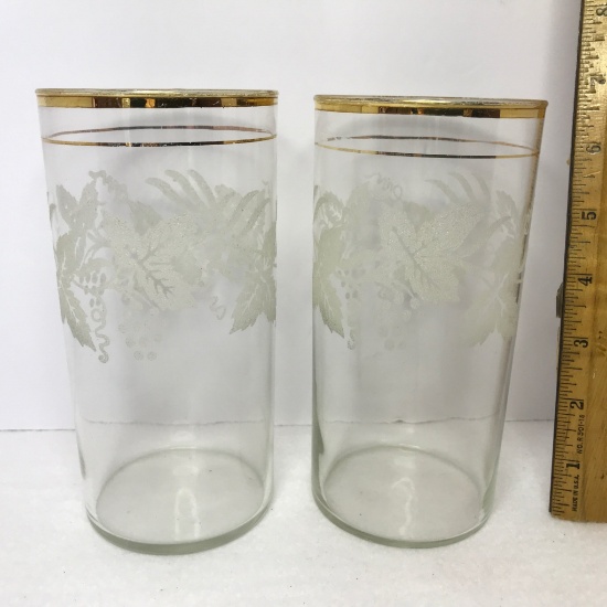 Pair of Vintage Tall Glasses w/Frosted Leaf Design & Gilt Bands
