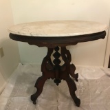 Vintage Oval Wooden Marble Top Table on Casters