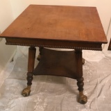 Antique 2-Tier Oak Table with Claw & Glass Ball Feet