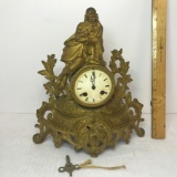 19th Century Japy Freres Gilt Figural Brass French Mantle Clock w/Key