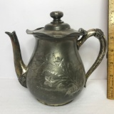 Vintage Quadruple Plate Teapot with Floral Etched Design by Benedict Mfg. Co