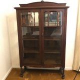 Antique Tiger Oak Glass Display Cabinet w/Turned Legs, Stretcher Base & Mirror