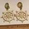 Large Gold Tone Enamel Ship’s Wheels Dangling Earrings Signed on Back