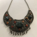 Vintage Silver Plated Egyptian Style Necklace with Natural Stones