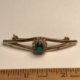 Gold Tone Vintage Pin with Green Stone Surrounded by Clear Stones - Made in Korea