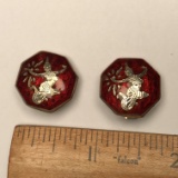 Vintage Sterling Silver Siam Mermaid Goddess Clip-on Earrings with Rare Red Enamel Inlay