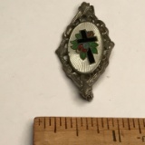 Antique Silver Tone Cross Pin with Enamel Cross & Roses