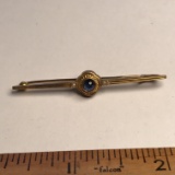 Antique 14K Gold Pin with Blue Stone in Center & Tiny Pearls on Either Side