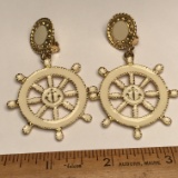 Large Gold Tone Enamel Ship’s Wheels Dangling Earrings Signed on Back