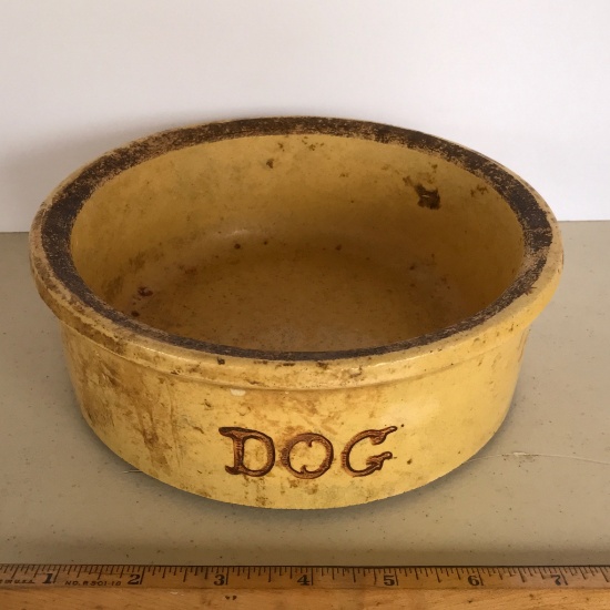 Vintage Yellow Pottery Dog Bowl