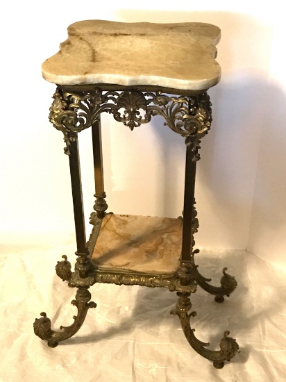 Antique Heavy Ornate Brass "Old Man Winter" 2-Tier Accent Table with Marble Top & Shelf