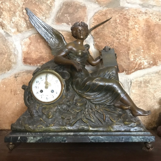 19th Century French Bronzed Figural Mantle Clock - "L'Histoire Par X Raphanel" on Marble Base w/Key