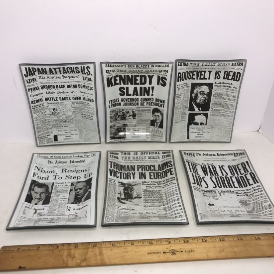 RARE Vintage Set of 6 Glass Trays w/ Anderson S.C. Newspaper Headlines