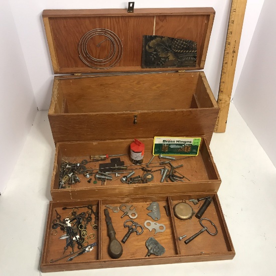 Awesome Vintage Wooden Toolbox with Misc Clock Parts & Keys